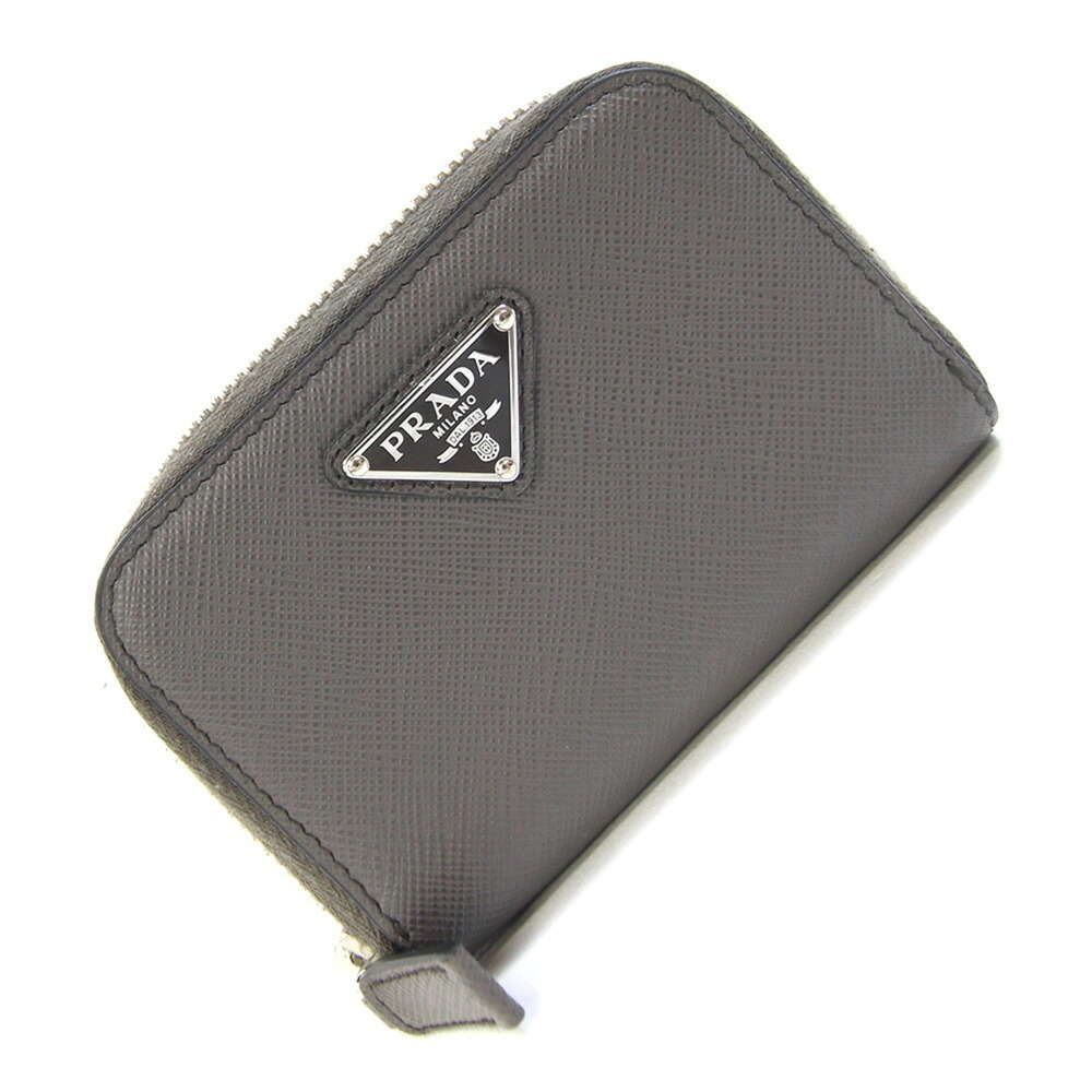 Prada Wallet/Coin Case 2MM003 Gray Leather Mini Wallet Triangle Plate Round M...
